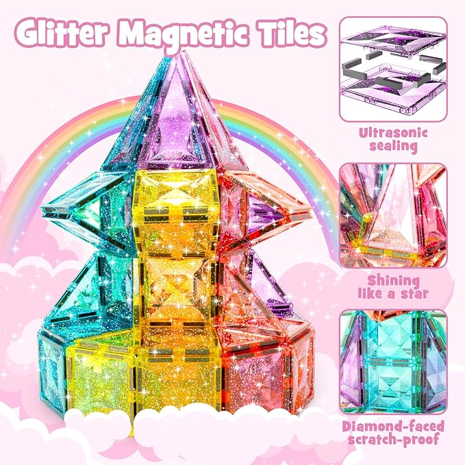 WMXDU Large Pastel Magnetic Tiles - 48 Pcs Macaron-Colored Glitter Magnetic Blocks with Travel Metal Storage Box - Diamond STEM Toys for Girls Ages 3-8 - Portable Sensory Building Set for Kids