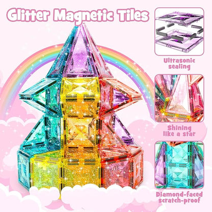 WMXDU Large Pastel Magnetic Tiles - 48 Pcs Macaron-Colored Glitter Magnetic Blocks with Travel Metal Storage Box - Diamond STEM Toys for Girls Ages 3-8 - Portable Sensory Building Set for Kids
