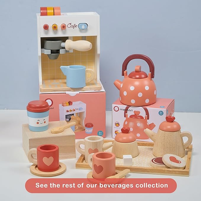 Mentari Toys - Dotty Kettle - Polka Dot Wooden Pretend Play Kitchen Accessory with Removeable Lid - Imaginative Teatime Fun for Toddlers - Encourage Role Play and Develop Social Skills - Age 3+