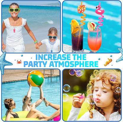96 Pcs Pool Party Favors Inflatable Beach Balls Mini Bubbles Wand Whistle Kids Sunglasses Bulk Drinking Straws Water Gun Bracelets Goodie Bag Stuffers Summer Birthday Party Supplies Decorations Gifts