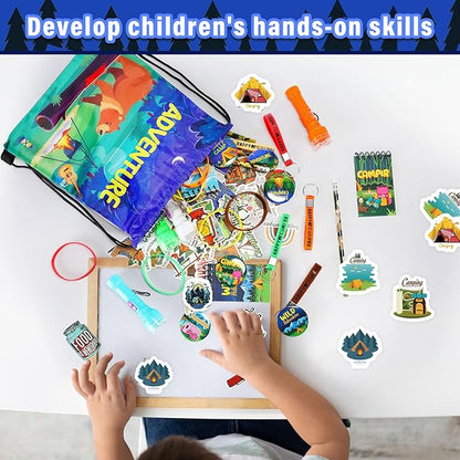 Zhanmai 140 Pcs Camping Party Favors Include Silicone Bracelets, Stickers, Camping Keychain, Badge, Camouflage Pencils, Spiral Camp Adventure Theme Notepads Drawstring Bags Mini Flashlight for Kids
