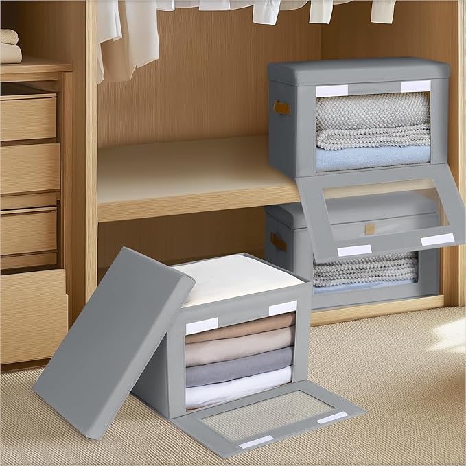 Homsorout Small Fabric Storage bins - Collapsible Storage Bins with Open Window, 4 Pack Closet Baskets for Shelves, Stackable Decorative Boxes for Home, Dorm, Grey, 13.7"x 9.8" x 9.8"