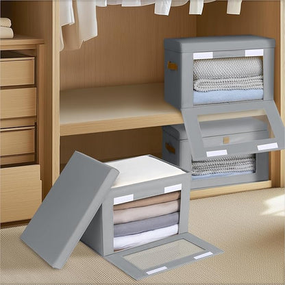 Homsorout Small Fabric Storage bins - Collapsible Storage Bins with Open Window, 3 Pack Closet Baskets for Shelves, Stackable Decorative Boxes for Home, Dorm, Grey, 13.7"x 9.8" x 9.8"