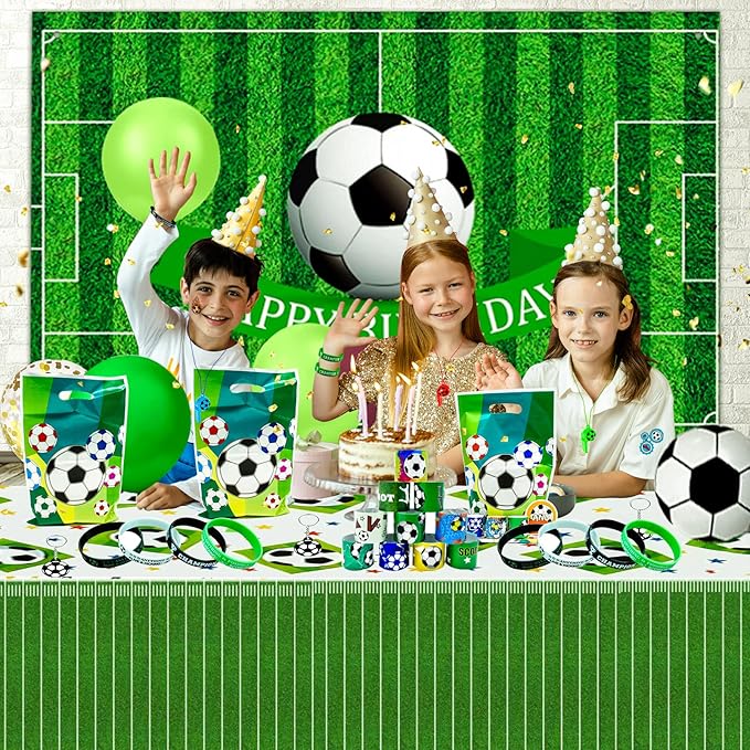 120Pcs Soccer Party Favors, Soccer Birthday Party Supplies with Whistle Stickers Slap Bracelet Key Chains and Soccer Goodie Bags for Soccer Party Decorations Supplies