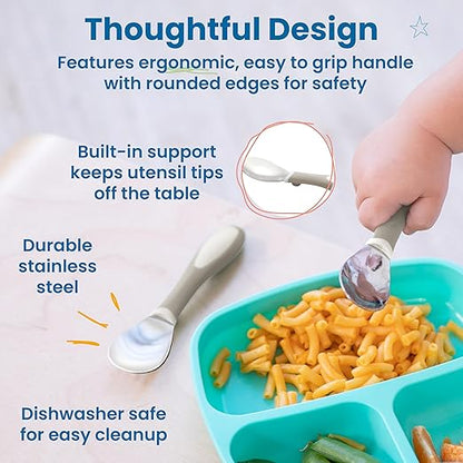 ECR4Kids My First Meal Pal Stainless Steel Spoons, Toddler Silverware, White, Light Grey, 3-Pack