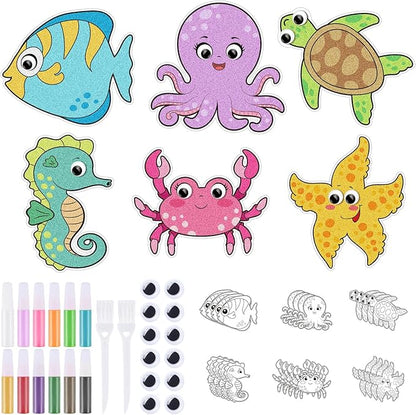 24 Sets Ocean Animal Sand Art Kits for Kids Magnet Craft DIY Summer Sea Animals Craft with Eyes Sand Art Painting Magnet Ornaments for Fun Home School Classroom Activities Party Favors