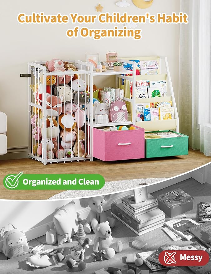 Twinkoo Kids Bookshelf and Toy Storage, Large 3 Tier Book Shelf for Kids Rooms, Sling Baby Bookcase with Stuffed Animal Storage, Toddler Montessori Bookshelf for Nursery, Playroom (Pink+Green)