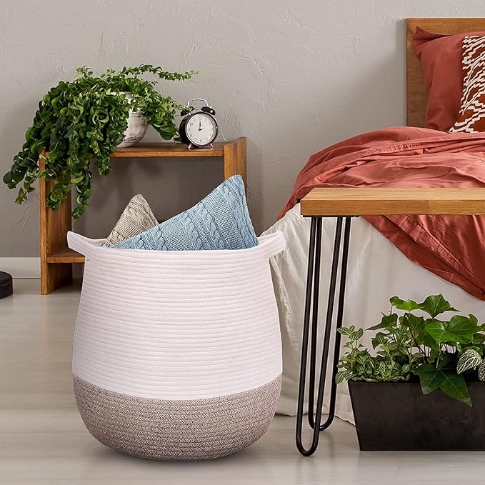 Large Cotton Rope Basket, Woven Storage Basket for Toy, Laundry and Blanket Organizer, Round Hamper Basket with Handles for Kid's Room 17.7"x16.9"