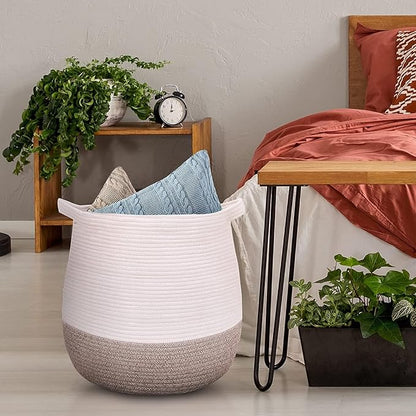 Large Cotton Rope Basket, Woven Storage Basket for Toy, Laundry and Blanket Organizer, Round Hamper Basket with Handles for Kid's Room 17.7"x16.9"