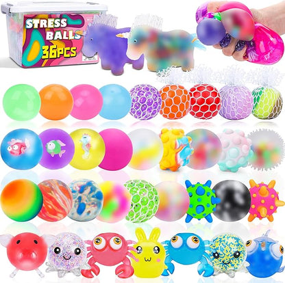 36 Pack Stress Balls, Squishy Balls, Squishy Fidget Stress Relief, Squeeze Ball for Adults Stress Relieve, Prize Box for Friends, Party Favors