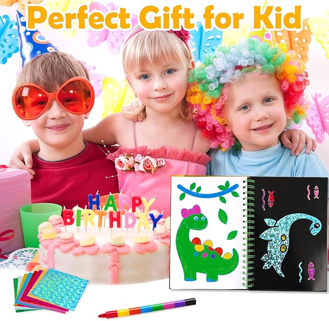 Foil Art Craft Activity for Kids: Fun DIY Toy Sticker Kit, No Mess Creative Travel Supply Set, Idea Birthday Easter Basket Stuffers Valentines Gift for Girl Boy Toddler 4 5 6 7 8 9 Year Old (Dinosaur)