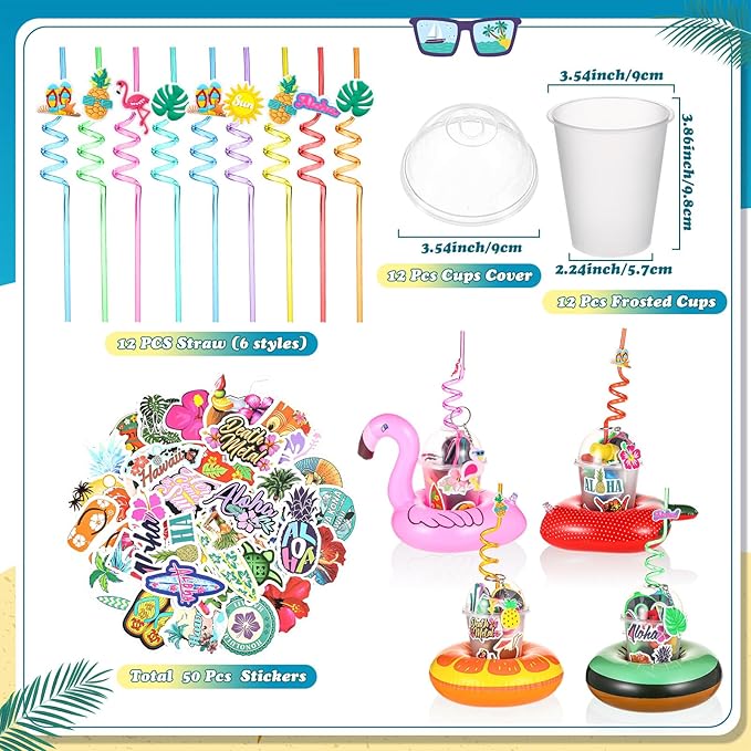 159 Pcs Hawaiian Luau Party Favors Inflatable Drink Holder Float Coaster Set Straws Sunglass Stamper Slap Bracelet Keychain Ring Sticker for Pool Beach/ Hawaiian /Luau /Birthday Decorations