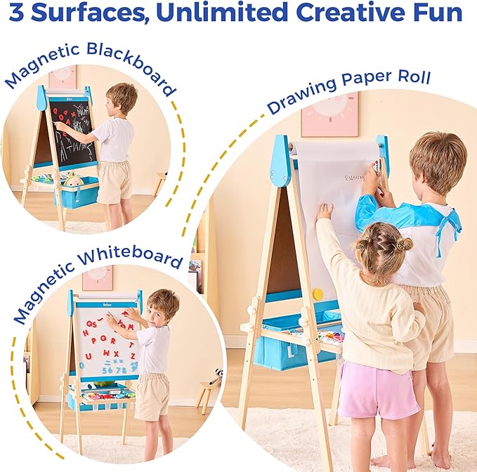All-in-One Art Easel for Kids with 2 Paper Rolls & Deluxe Accessories, Adjustable Magnetic Double Sided Whiteboard & Chalkboard, Painting Kid Easel for Toddlers 2-8, Ideal Christmas Gift