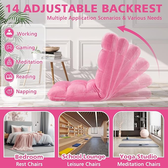 Folding Floor Chair 14-Position Cushioned Adjustable Floor Lazy Sofa Chair w/Breathable Cotton & Skin-Friendly Flannel for Adults & Kids Ideal for Reading Meditating, Pink