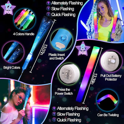 298PCS Glow in the Dark Party Supplies, 12PCS Glow Fiber Optic Wands, 20PCS LED Glasses, 8PCS Foam Glow Sticks and 200PCS Glow Sticks Bracelets, Light Up Party Favors for Wedding, Concert, Birthday