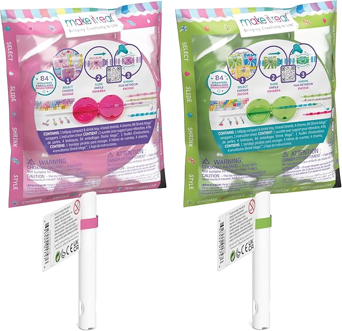 Make It Real Shrink Magic Lollipop Bracelet Kits - 2-Pack DIY Jewelry Sets for Girls - Create & Style with Heat-Shrinking Candy Designs - Reusable & Restylable - Great Gift for Creative Kids Ages 8