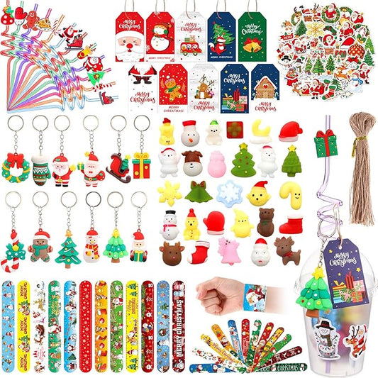 Shappy 160 Pcs Christmas Party Favors Prizes Gift Bulk, Assortment Toys Plastic Cups with Lids Mini Christmas Squeeze Slap Bracelets Straws Sticker Gift Tags and Keychains Xmas Goodie Bags for Kids