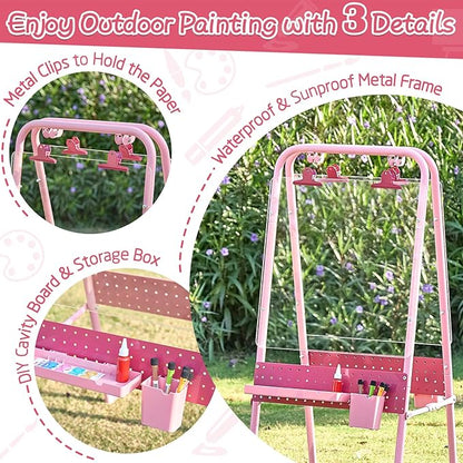 FUNLIO Foldable Outdoor Easel for Kids Aged 3+, Waterproof & Sunproof Kids Easel with 2 Acrylic Boards, Double-Sided Kids Easel with 21 pcs Accessories, Portable & Stable - Pink
