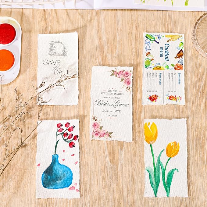 25 Sheets Watercolor Paper, 300 GSM Deckled Edge Paper 2 x 3.5 inch Rough/Textured Handmade Paper Cotton Paper White Textured Paper for Watercolors, Wedding Invitations, Cards, Crafts