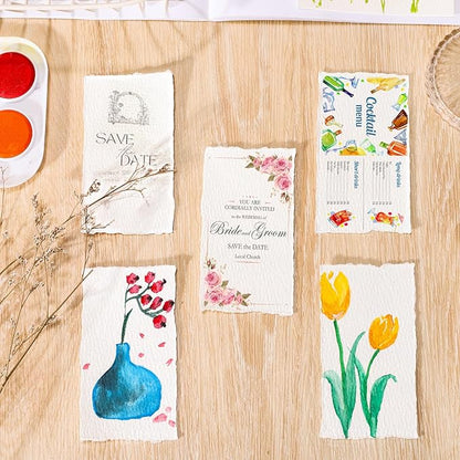 25 Sheets Watercolor Paper, 300 GSM Deckled Edge Paper 2 x 3.5 inch Rough/Textured Handmade Paper Cotton Paper White Textured Paper for Watercolors, Wedding Invitations, Cards, Crafts