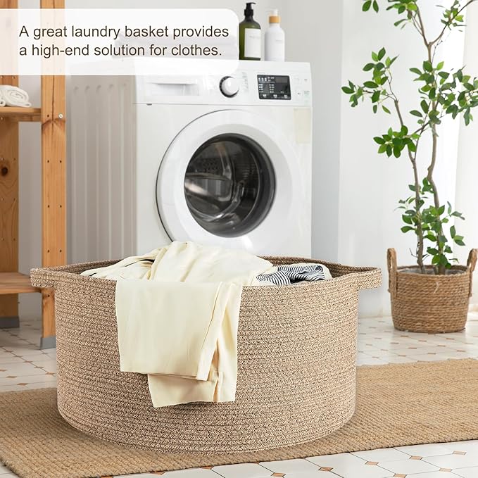 OIAHOMY 90L Blanket Basket for Living Room, Large Basket 23" x 23" x 13" with Handle, Laundry Hamper for Blankets, Pillows, Toy Storage for Kids, Dogs - Brown