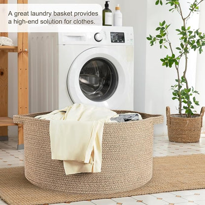OIAHOMY 90L Blanket Basket for Living Room, Large Basket 23" x 23" x 13" with Handle, Laundry Hamper for Blankets, Pillows, Toy Storage for Kids, Dogs - Brown