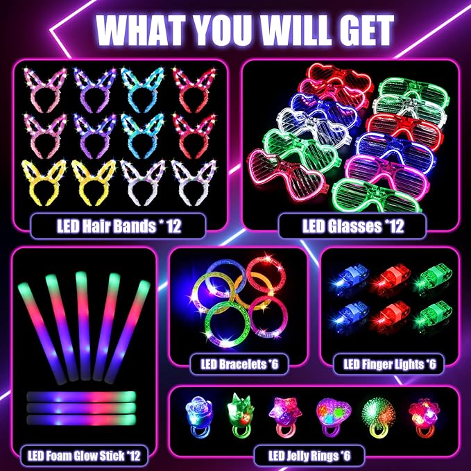 Glow in the Dark Party Supplies, Light Up Party Favors with 12 LED Glasses,Foam Glow Sticks,Light Up Headband, 6 Glow Bracelets,Finger Lights,Glow Rings for Kids Adults Neon Party Decorations