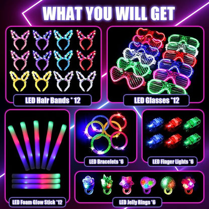 Glow in the Dark Party Supplies, Light Up Party Favors with 12 LED Glasses,Foam Glow Sticks,Light Up Headband, 6 Glow Bracelets,Finger Lights,Glow Rings for Kids Adults Neon Party Decorations