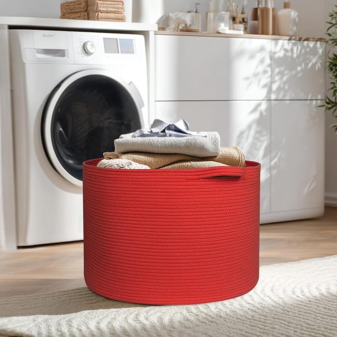 MEGASKET 115L Extra Large Red Basket for Organizing, 23.6"x15.7" Jumbo Woven Cotton Rope Bins for Blankets, Baby Nursery Laundry Basket, Kids Dog Toy Storage Box, Huge Red Living Room Decor Organizer