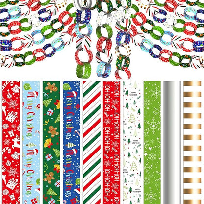CHRORINE 600 Pcs Merry Christmas Pattern Paper Chain for Holiday Themed Party Decorations DIY Crafts Supplies (Christmas Colors, 1 x 7.08 inches)