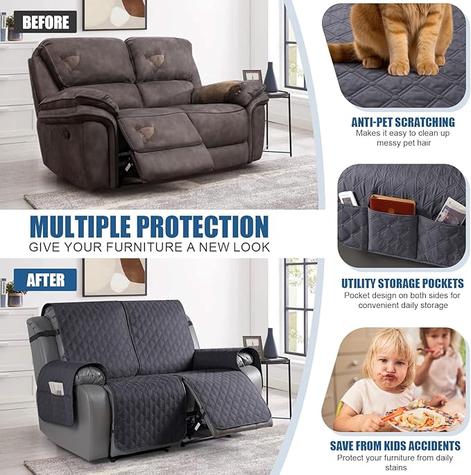 TAOCOCO 100% Waterproof Recliner Covers, Recliner Sofa Covers with Leg Straps, Reversible Recliner Couch Cover for Reclining Chair, Washable Couch Protector for Pets Kids(2 Seater, Charcoal Gray)