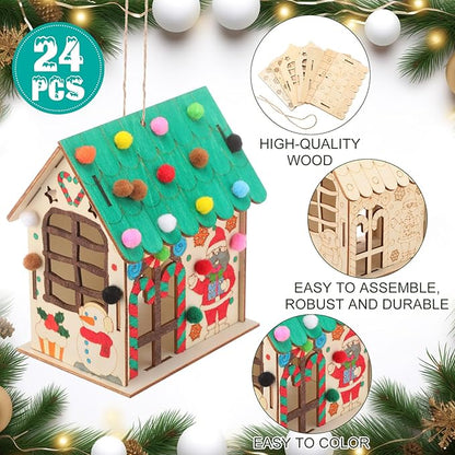 12 Pcs Wood Gingerbread House Craft Kit for Kids DIY Wooden Christmas Birdhouse Craft Kits Holiday Village Houses Make a Gingerbread Wooden House for Xmas Party Game Craft Supplies