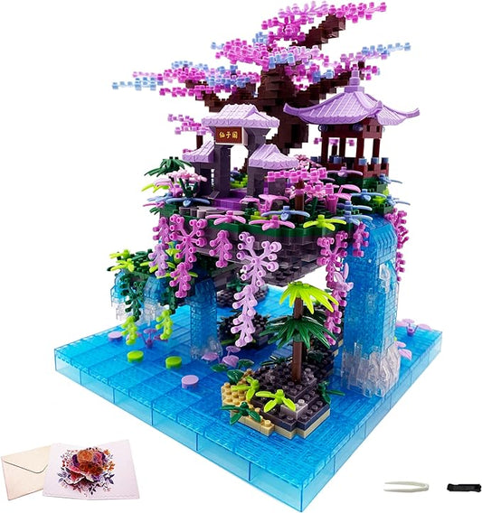 Micro Building Blocks Sets，Chinese Moon Palace Architecture and Cherry Blossom Bonsai Tree Building Toys for Adults，Japanese Sakura House Model，Creative Mini Bricks Gift for Kids 14+，2588 PCS