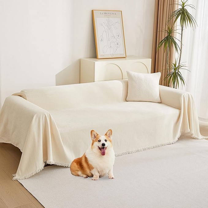 MYSKY HOME Couch Cover for Pets Beige Couch Covers for 2 Cushion Couch Sofa Couch Cover Sectional L Shape Chenille Couch Cushion Covers for Pets, Throw Couch for Dogs, Kids,71" X118"