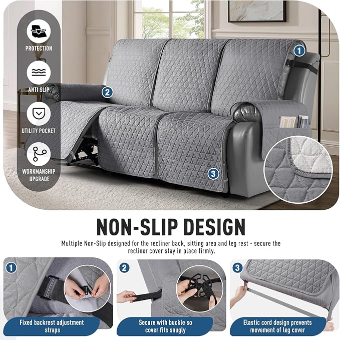 TAOCOCO 100% Waterproof Recliner Sofa Cover-Non Slip Split Couch Covers for Reclining Couches with Elastic Straps,Couch Covers for 3 Cushion Couch Sofa Pet Friendly(Light Gray, 3 Seater)