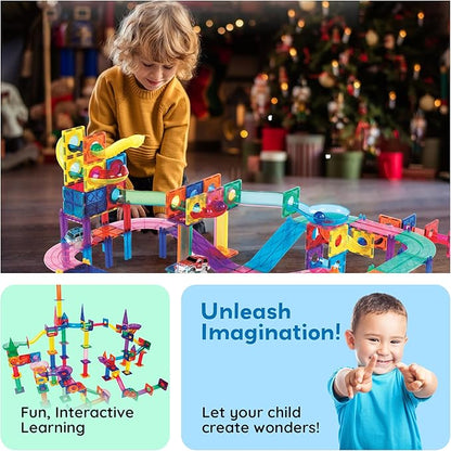 PicassoTiles 108pc 3-in-1 Marble Run Car Race Track Combo Magnetic Tiles PicassoToys Magnet Building Block Educational Construction Toy Playset STEM STEAM Learning Kit Child Brain Development PTG108