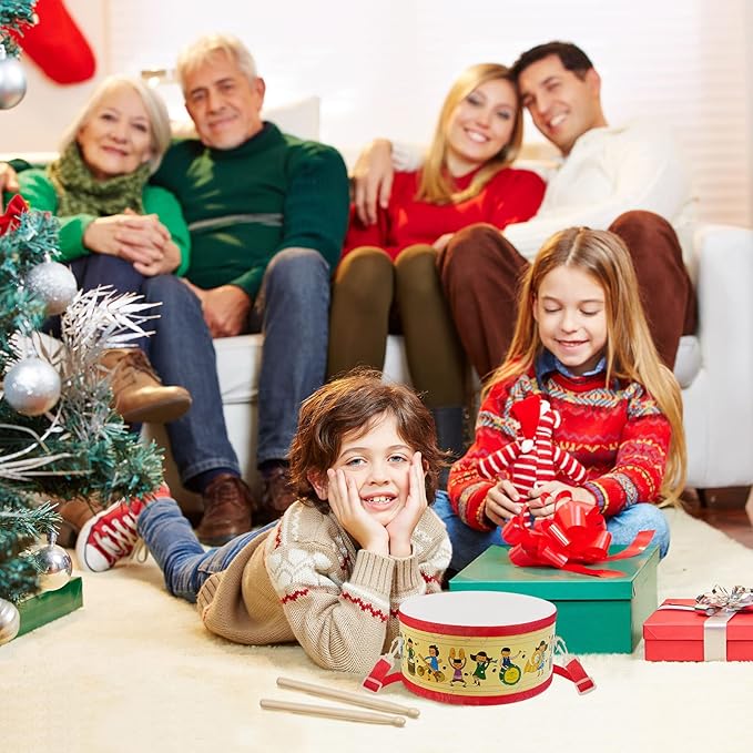 Kids Drum Set 7.87 in Wooden Toy Drum with Adjustable Strap 2 Drumsticks Educational Sensory Musical Instrument Set for Toddlers Kids Baby Toy Gift(Kids Style)