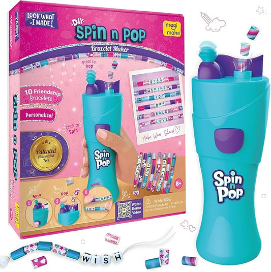 Imagimake Spin n Pop DIY Bracelet Making Kit | Patented Electric Bracelet Maker | Ages 8-13 | Create 10 Unique Bracelets with Shiny Foil Beads, Alphabet Beads & Clasps for Teen Girls