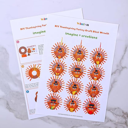 Winlyn 12 Sets Thanksgiving Wreath Signs Decorations Art Sets DIY Give Thanks Thanksgiving Craft Kits Fall Crafts Wood Craft Sticks Turkey Foam Stickers Googly Eyes for Kids Party Classroom Activities