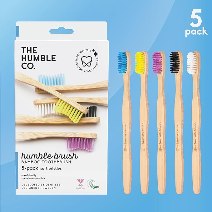The Humble Co. Bamboo Toothbrushes (5pk) – Toothbrushes for Superior Oral Care, Dental Hygiene, and Gum Care, BPA Free (Soft Bristles)