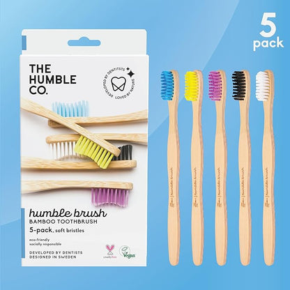 The Humble Co. Bamboo Toothbrushes (5pk) – Toothbrushes for Superior Oral Care, Dental Hygiene, and Gum Care, BPA Free (Soft Bristles)