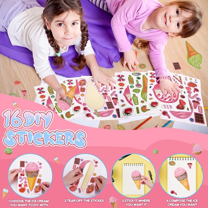 Bluegogo 148 Pcs Ice Cream Party Favors Include Mini Notebook Highlighter DIY Sticker Gift Bag Slap Bracelet Keychain Shoe Charms Hair Clip for Ice Cream Birthday Party Decoration