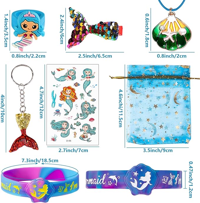 Golray Mermaid Party Favors Birthday Supplies Girls, Necklace Silicone Bracelet Gift Bag Sticker Keychain Ring Hairpin, Pinata Filler Goody Bag Stuffer Classroom Prize Kids Little Mermaid Party Decor