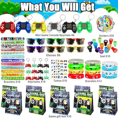 125Pcs Video Game Party Favors for Kids, with Goodie Bag Stuffers Includ Arcade Video Game Keychain Glasses Bracelets Stamps Tattoos Stickers etc, for Kids Boys Girls Birthday Party Favor Supplies