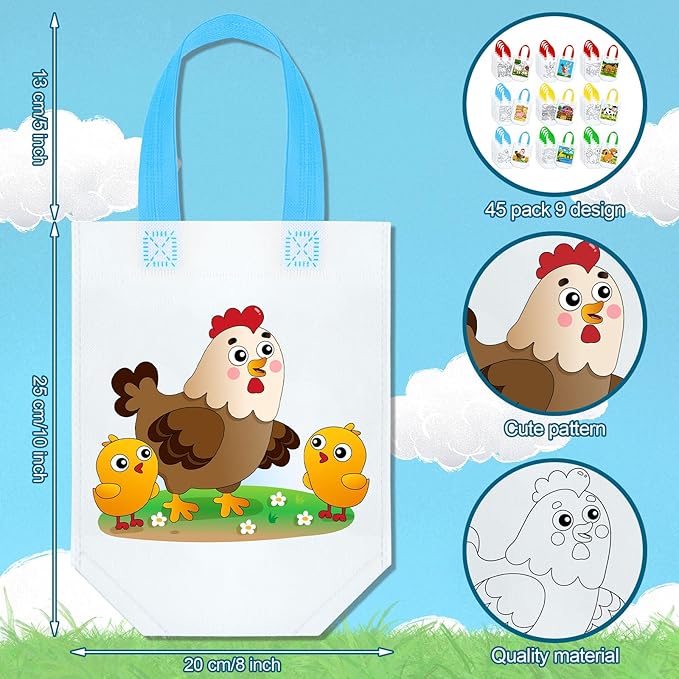 Kacctyen 45 Pcs Color Your Own Goodie Bags Reusable Farm Animals Art Party Favor Paint Bags for Farmhouse Theme Barnyard Birthday Graffiti Goodie Bags, 9 Styles