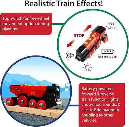 BRIO World Mighty Red Action Locomotive - Battery-operated Toy Train for Wooden Track - Motorized Train with Light & Sound - Compatible with All BRIO Railway Sets - Interactive Play - Kids Ages 3 & Up