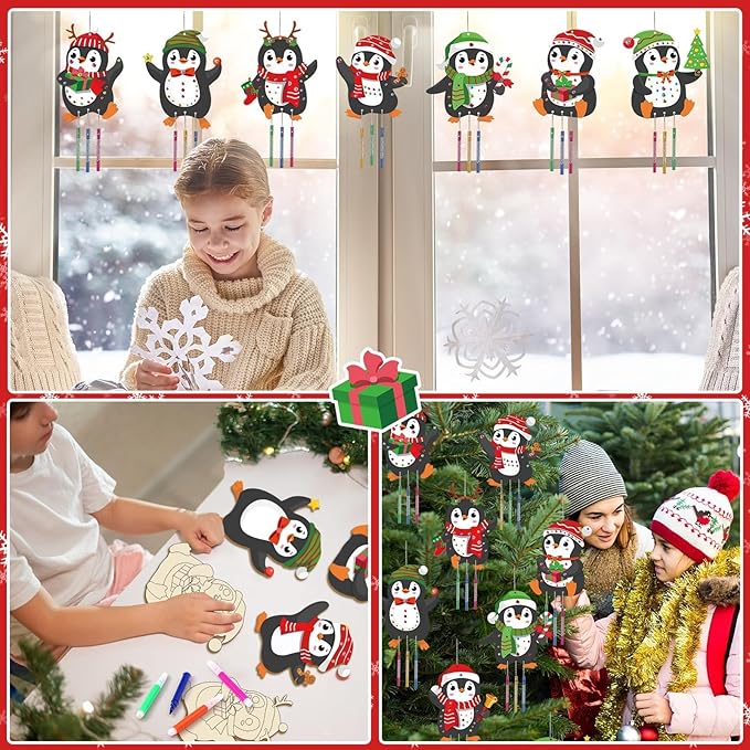 gisgfim 16 Pack Christmas Penguins Wind Chime Crafts Kits for Kids Make Your Own Penguin Wind Chime Wooden DIY Arts and Crafts for Christmas Party School Classroom Decorations Supplies Birthday Favors