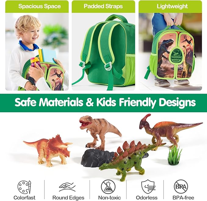 COCO&Friends Dinosaur Toys for Kids 3-5 - Portable Dinosaur Backpack Play Set with Foldable 3D Mat, Pretend Play Toy for 4 Year Old Boy Birthday Gift - Travel Outdoor Beach Toys for Kids Ages 4-8