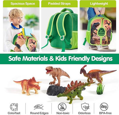 COCO&Friends Dinosaur Toys for Kids 3-5 - Portable Dinosaur Backpack Play Set with Foldable 3D Mat, Pretend Play Toy for 4 Year Old Boy Birthday Gift - Travel Outdoor Beach Toys for Kids Ages 4-8