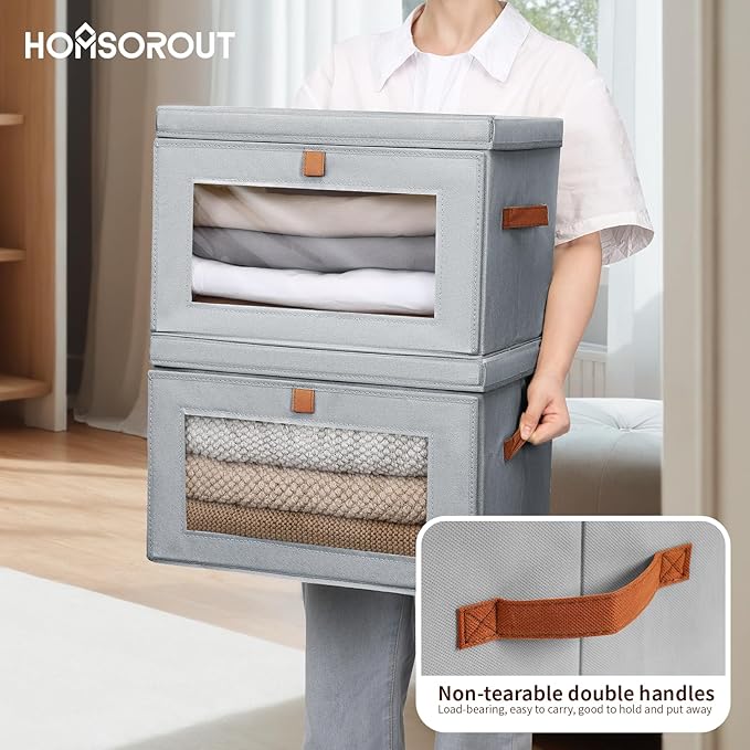 Homsorout Large Closet Storage Bins - Collapsible Storage Bins with Handles & Window, Fabric Cube Organizer with Lids, Decorative Boxes for Living Room, Closet, Dorm, 4 Pack, Grey